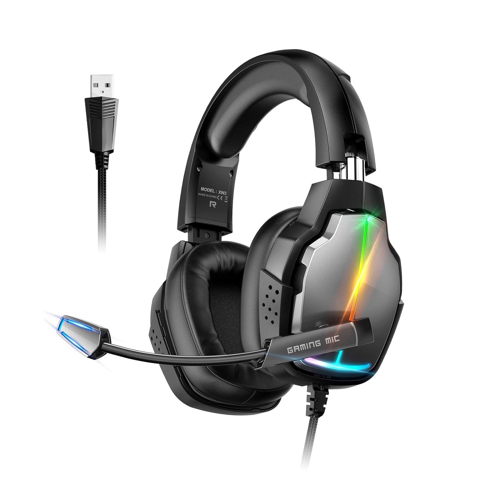 XW2 USB Gaming Headset for PC, 7.1 Surround Sound Gaming Headphones with Noise C